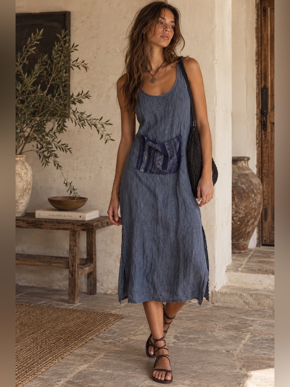 CP SHADES linen flax maxi dress coastal beachy boho lagenlook artsy slip sheath